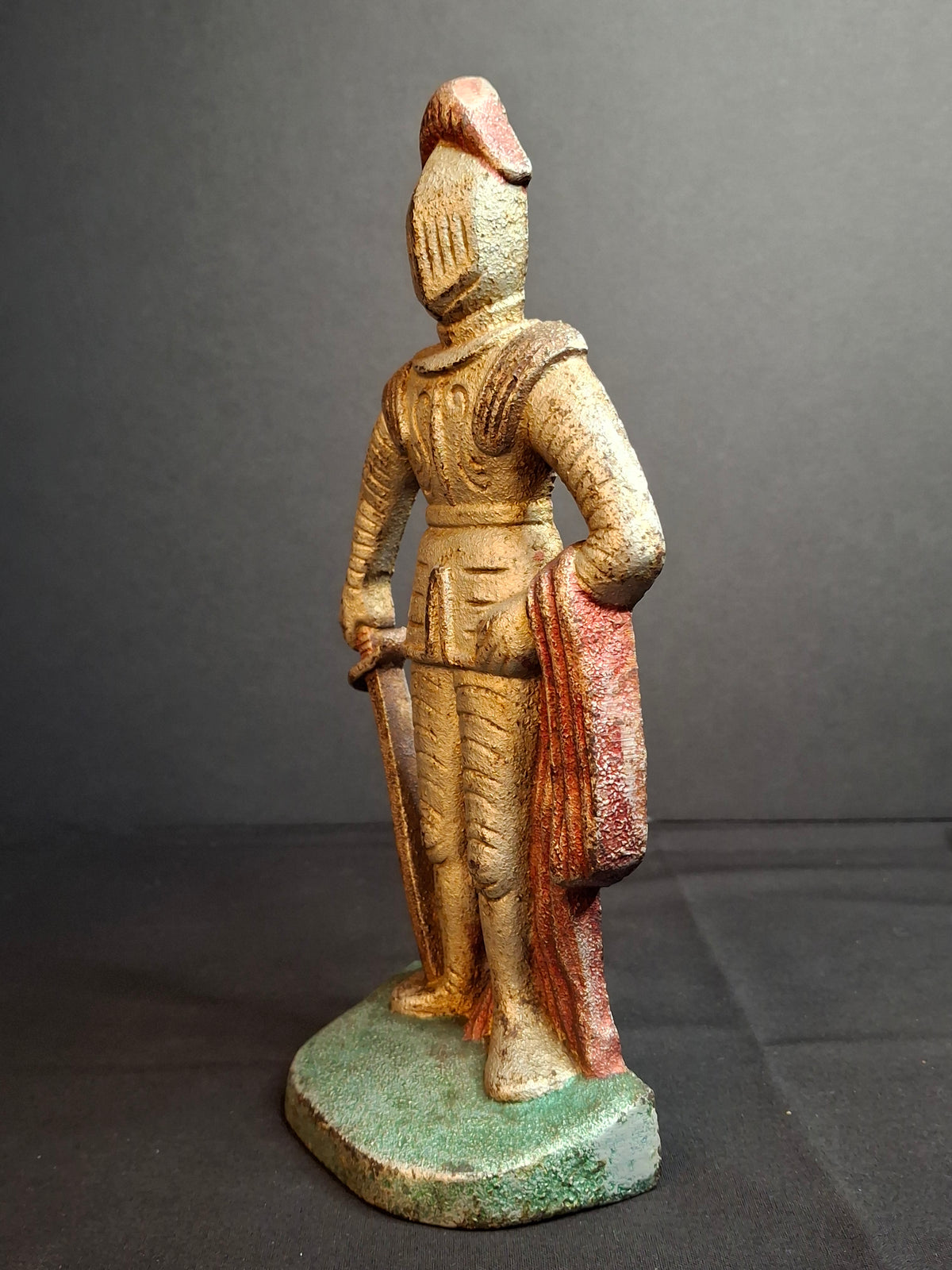 Antique Cast Iron Knight in Armor Doorstop Gold Red Paint 9" Figural Sentry