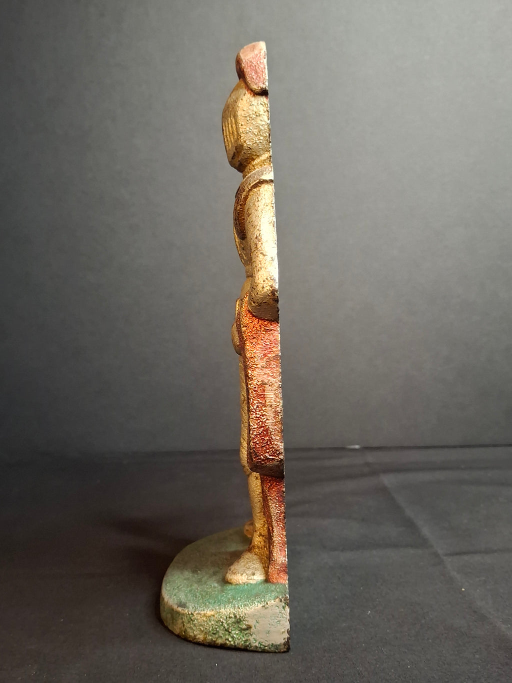 Antique Cast Iron Knight in Armor Doorstop Gold Red Paint 9" Figural Sentry