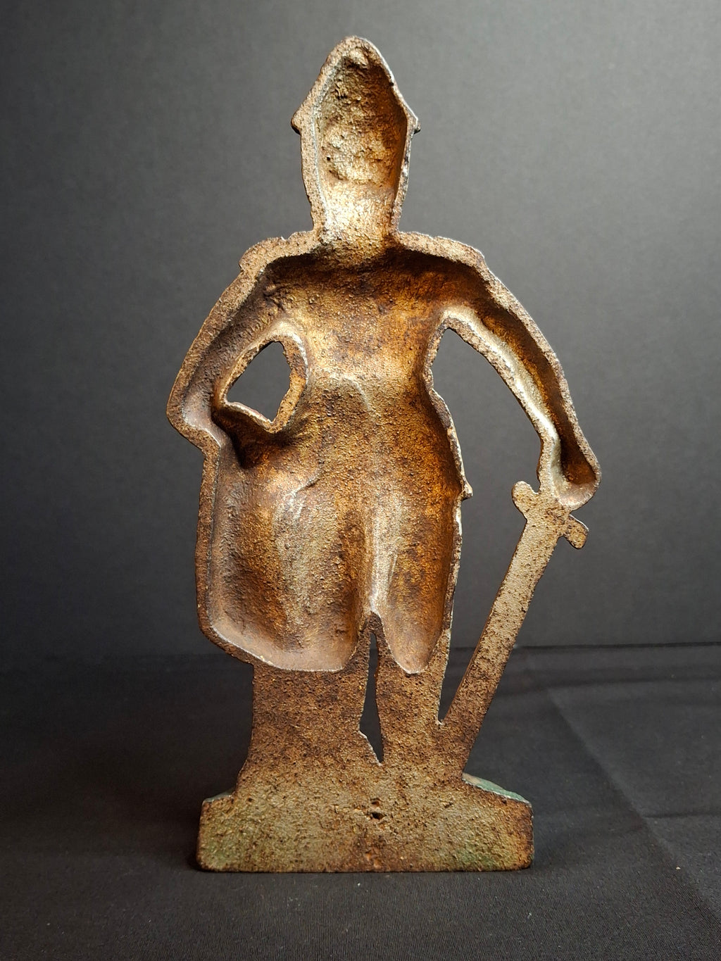 Antique Cast Iron Knight in Armor Doorstop Gold Red Paint 9" Figural Sentry