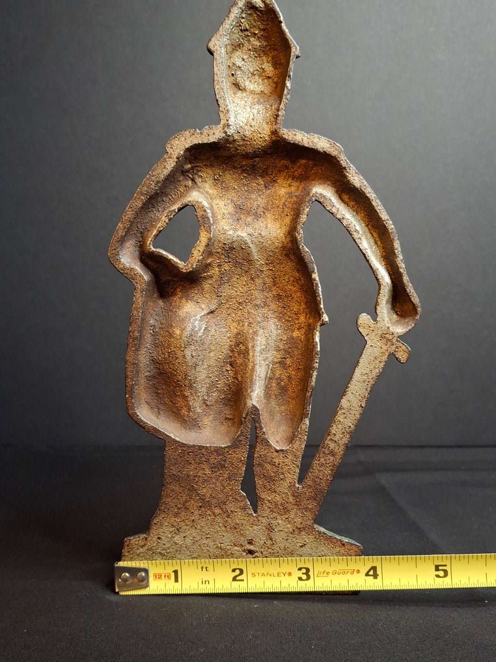 Antique Cast Iron Knight in Armor Doorstop Gold Red Paint 9" Figural Sentry