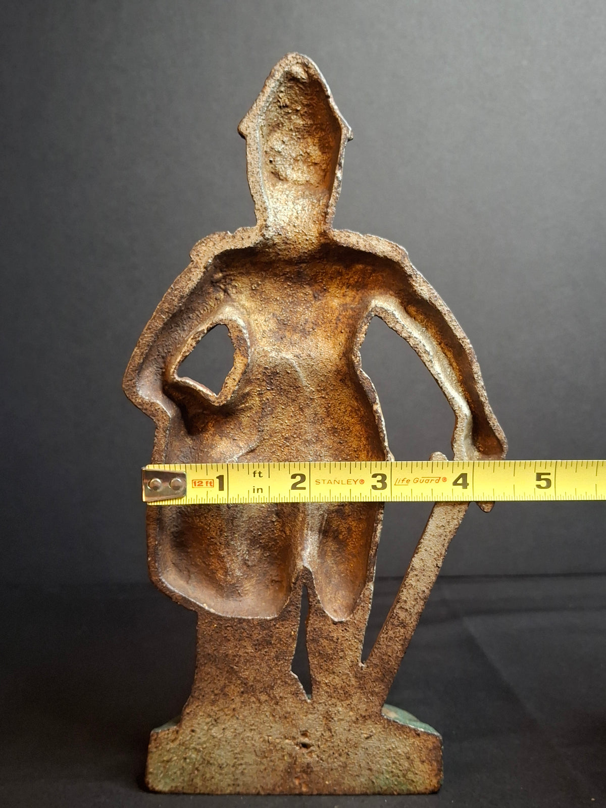 Antique Cast Iron Knight in Armor Doorstop Gold Red Paint 9" Figural Sentry
