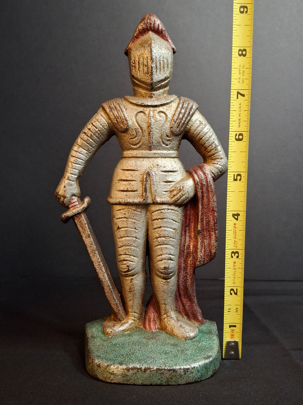 Antique Cast Iron Knight in Armor Doorstop Gold Red Paint 9" Figural Sentry