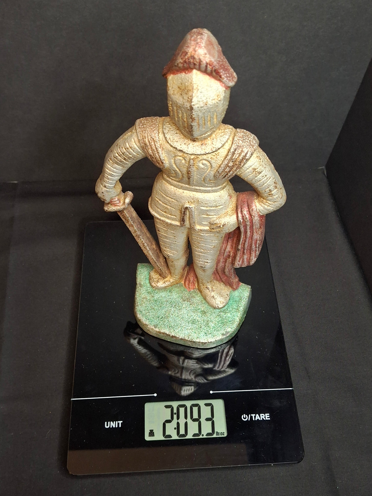 Antique Cast Iron Knight in Armor Doorstop Gold Red Paint 9" Figural Sentry