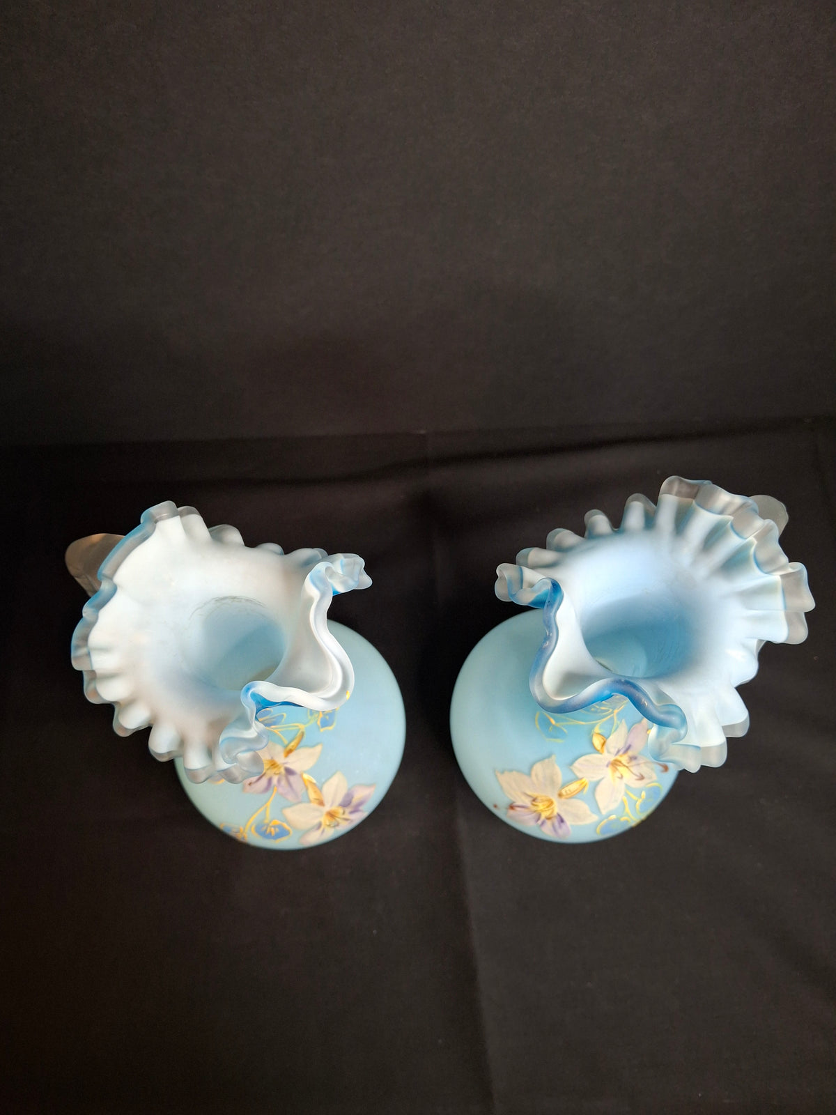 Antique Pair Victorian Blue Satin Cased Glass Pitcher Ewers Hand Painted Orchids Frosted Coral Branch Handles Ruffled Rim