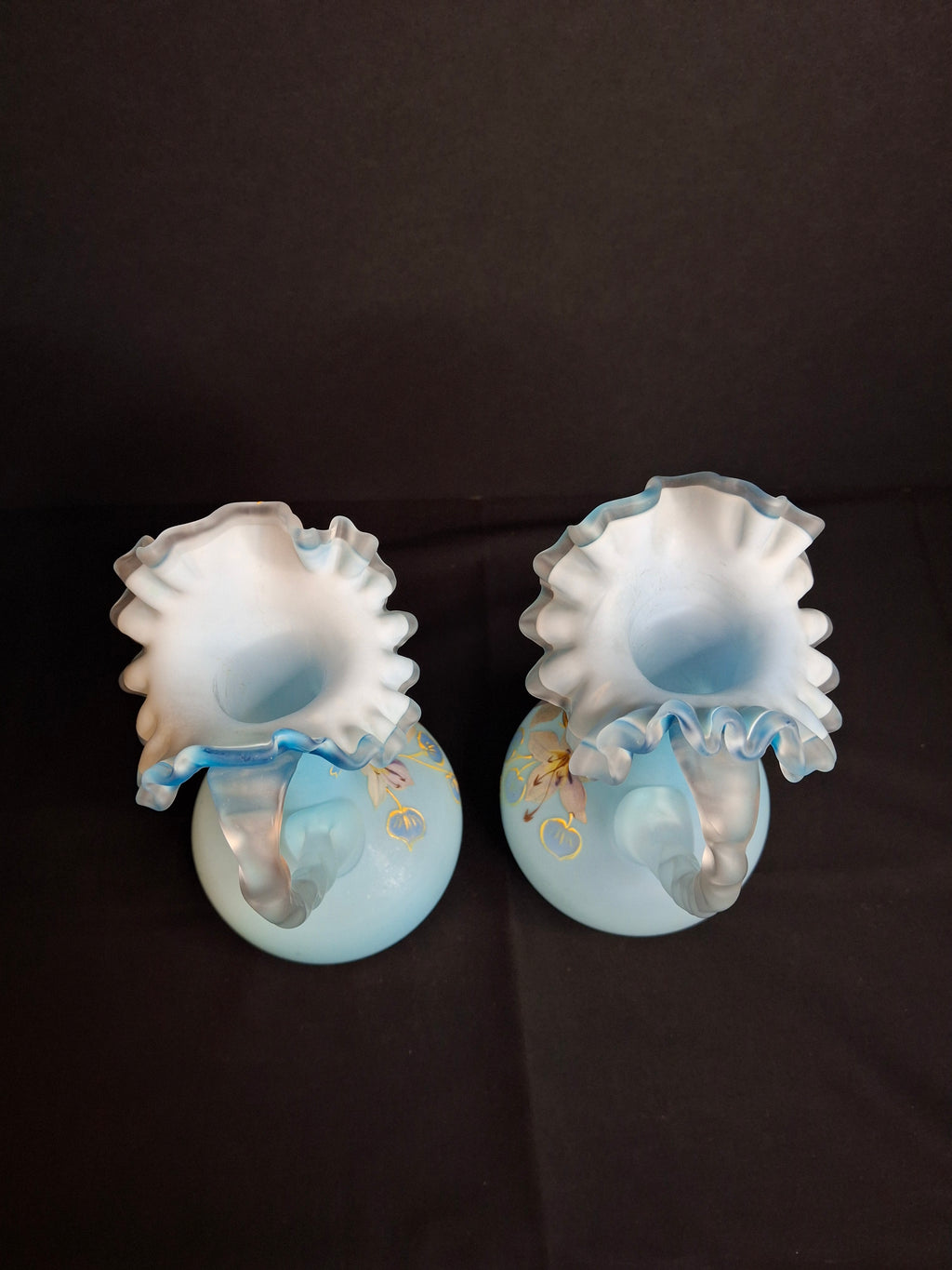 Antique Pair Victorian Blue Satin Cased Glass Pitcher Ewers Hand Painted Orchids Frosted Coral Branch Handles Ruffled Rim