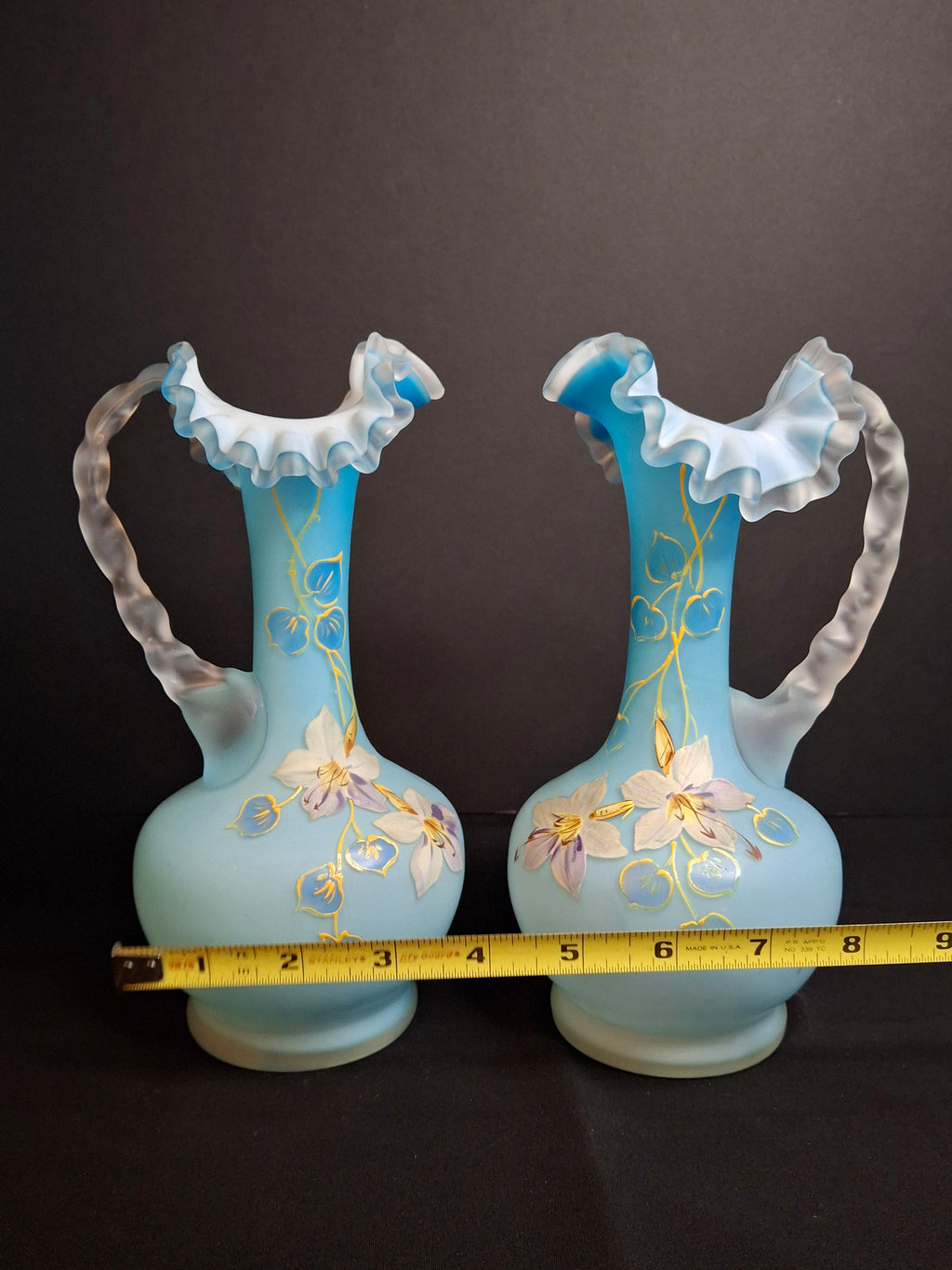 Antique Pair Victorian Blue Satin Cased Glass Pitcher Ewers Hand Painted Orchids Frosted Coral Branch Handles Ruffled Rim