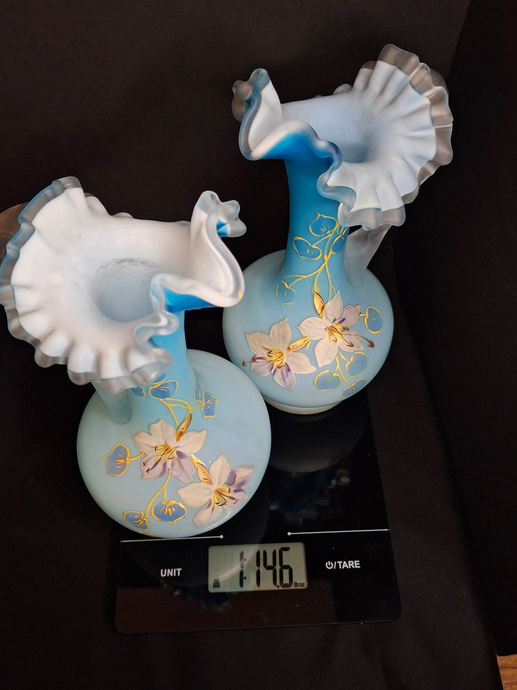 Antique Pair Victorian Blue Satin Cased Glass Pitcher Ewers Hand Painted Orchids Frosted Coral Branch Handles Ruffled Rim