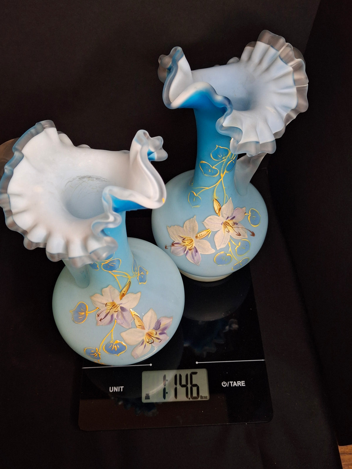 Antique Pair Victorian Blue Satin Cased Glass Pitcher Ewers Hand Painted Orchids Frosted Coral Branch Handles Ruffled Rim