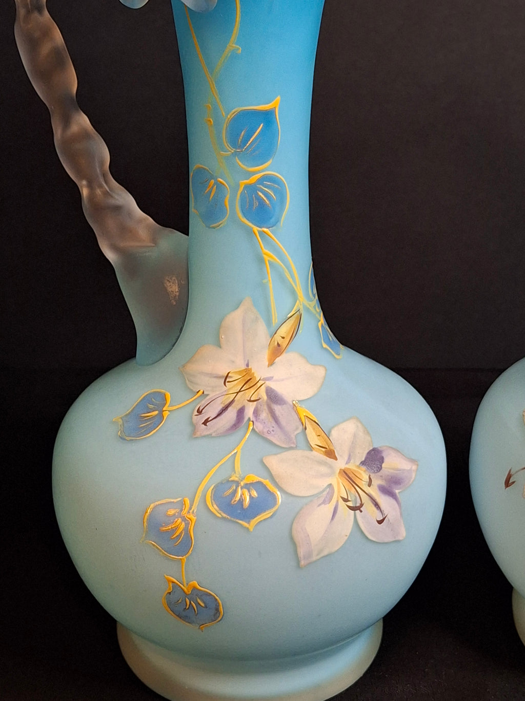 Antique Pair Victorian Blue Satin Cased Glass Pitcher Ewers Hand Painted Orchids Frosted Coral Branch Handles Ruffled Rim