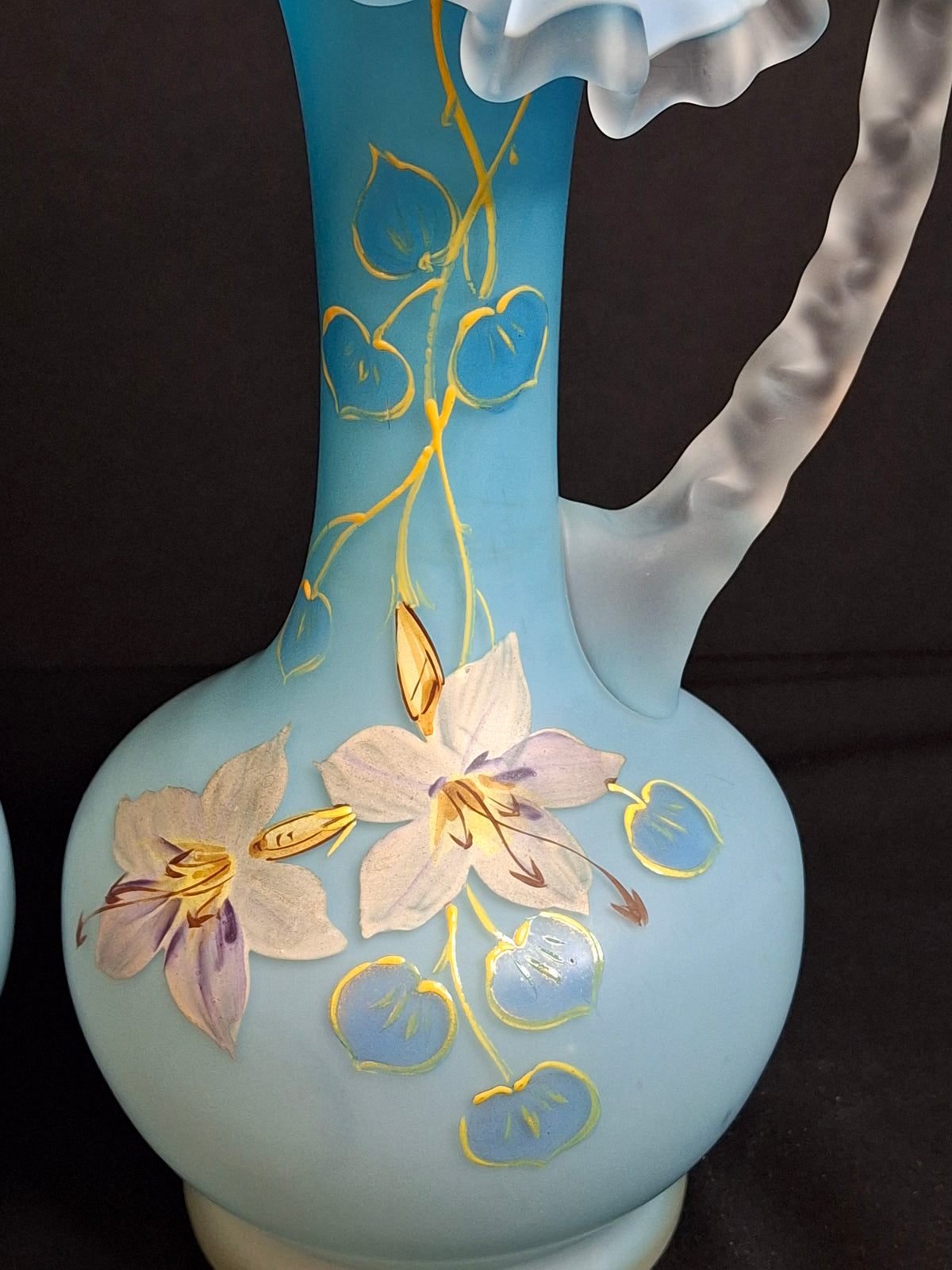 Antique Pair Victorian Blue Satin Cased Glass Pitcher Ewers Hand Painted Orchids Frosted Coral Branch Handles Ruffled Rim