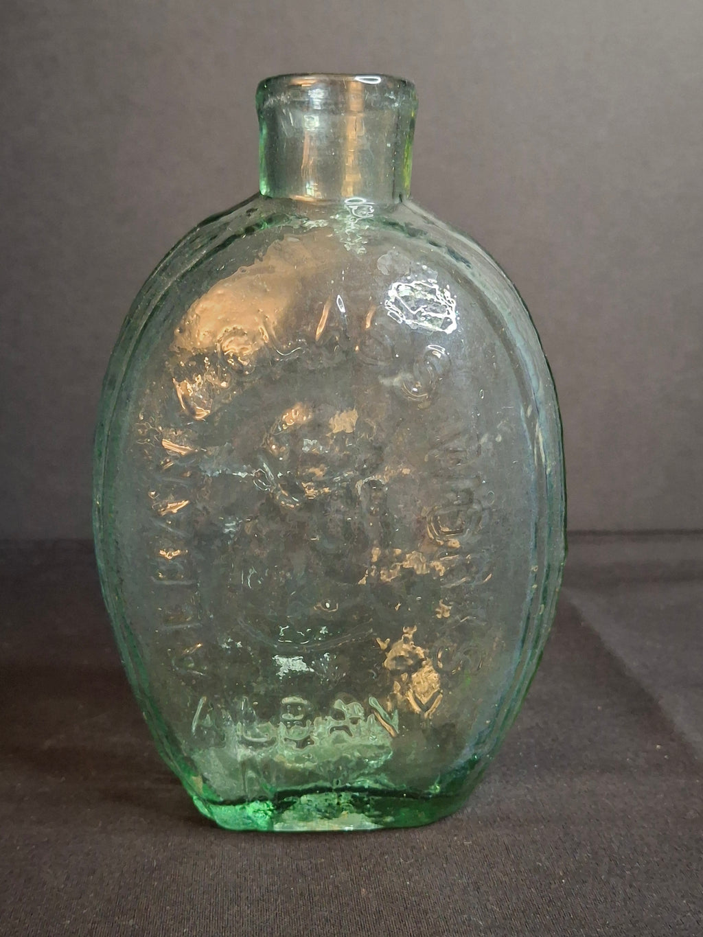 Antique Albany Glass Works Historical Flask GI-28 Steamboat Sailboat Aqua Glass 1840s