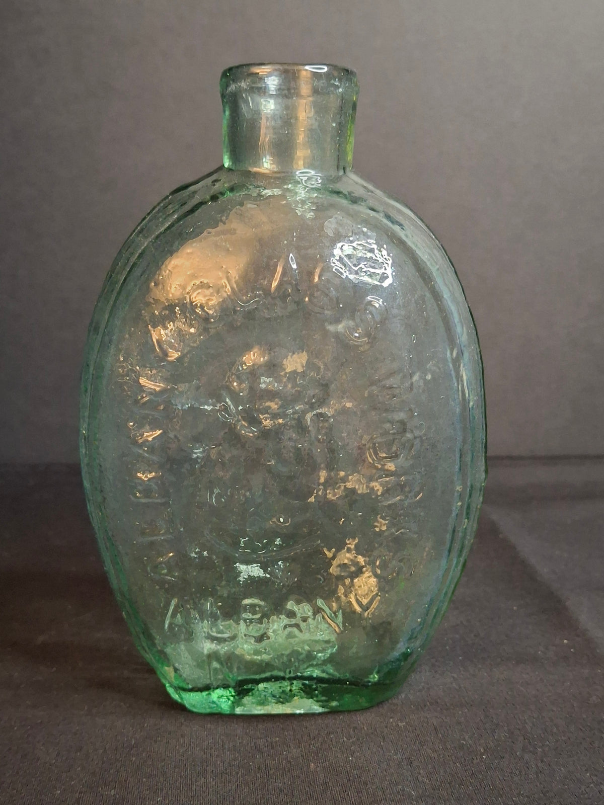 Antique Albany Glass Works Historical Flask GI-28 Steamboat Sailboat Aqua Glass 1840s