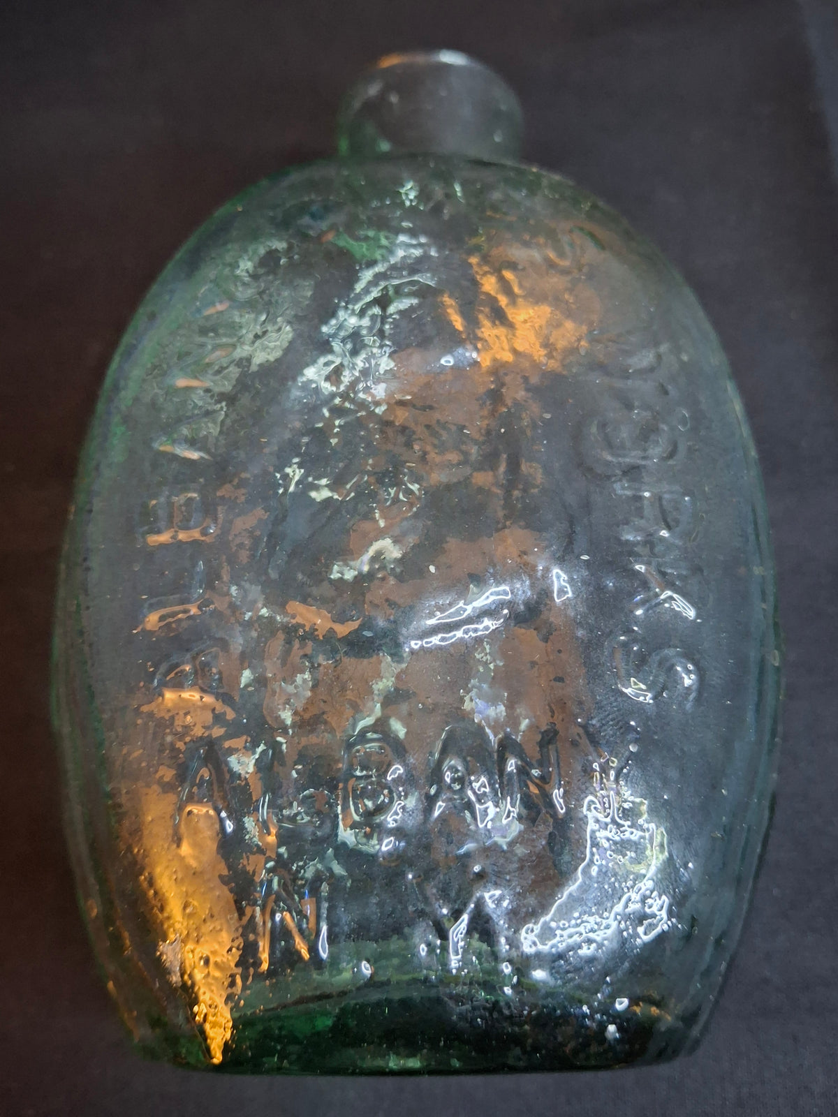 Antique Albany Glass Works Historical Flask GI-28 Steamboat Sailboat Aqua Glass 1840s
