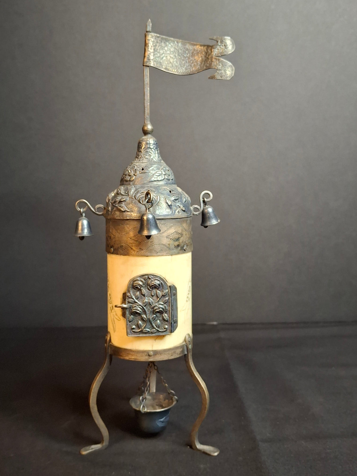 Antique 19th Century Judaica Silver and Bone Besamim Spice Tower Havdalah Hebrew Inscription