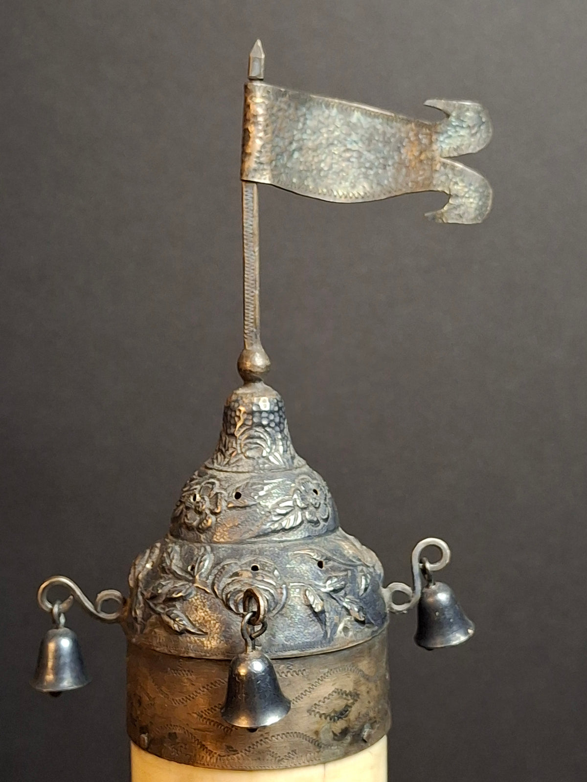 Antique 19th Century Judaica Silver and Bone Besamim Spice Tower Havdalah Hebrew Inscription