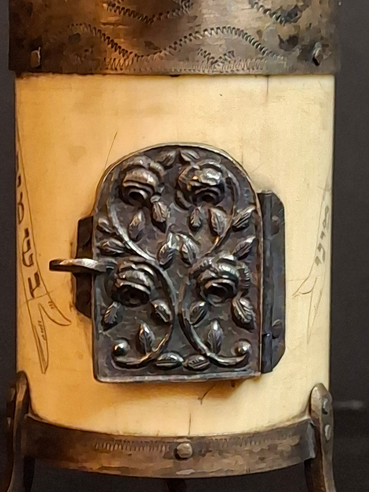 Antique 19th Century Judaica Silver and Bone Besamim Spice Tower Havdalah Hebrew Inscription