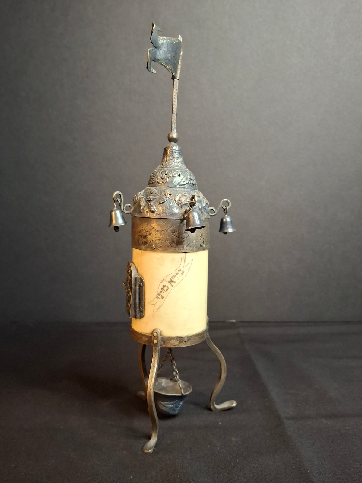 Antique 19th Century Judaica Silver and Bone Besamim Spice Tower Havdalah Hebrew Inscription