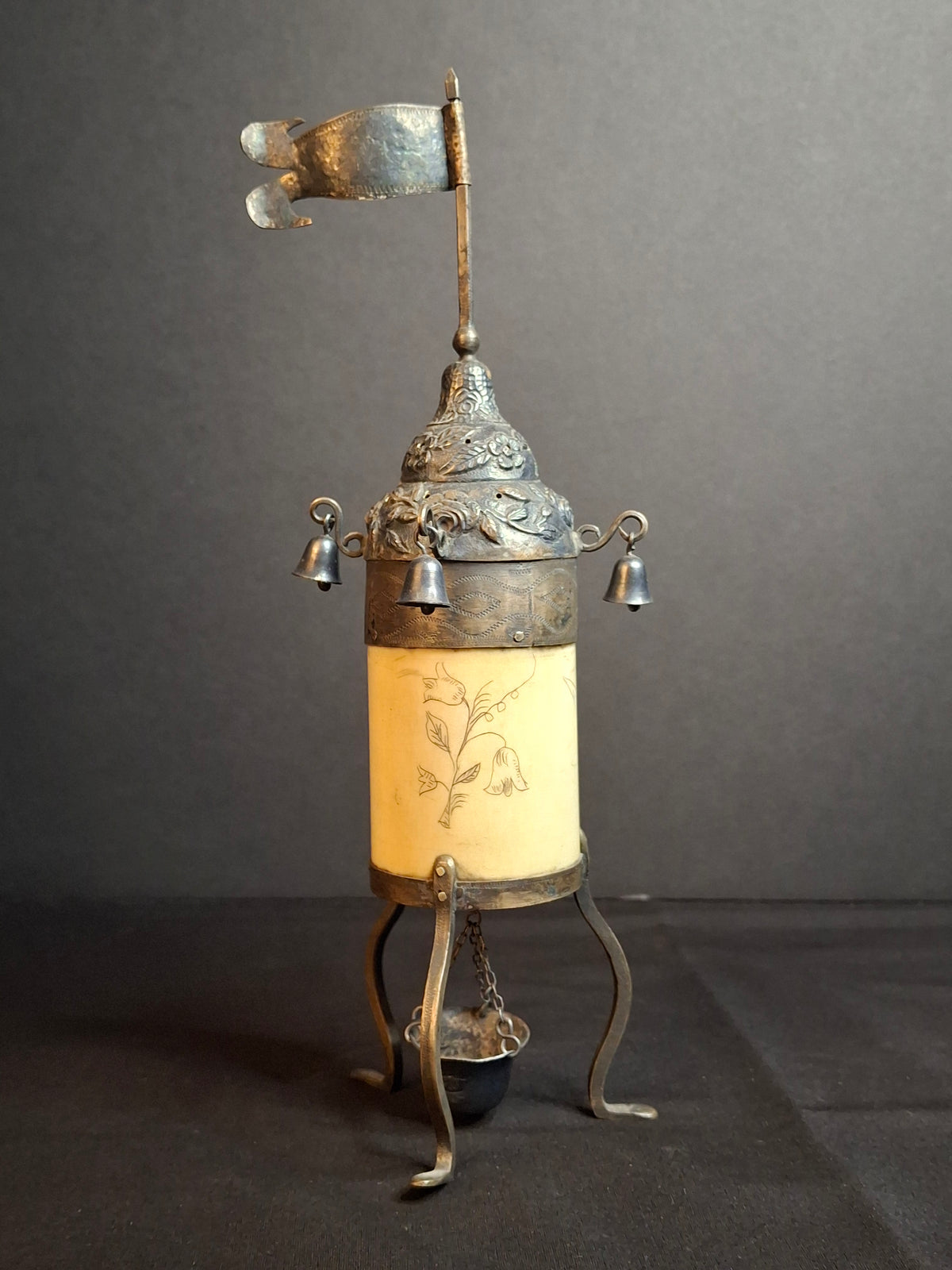 Antique 19th Century Judaica Silver and Bone Besamim Spice Tower Havdalah Hebrew Inscription