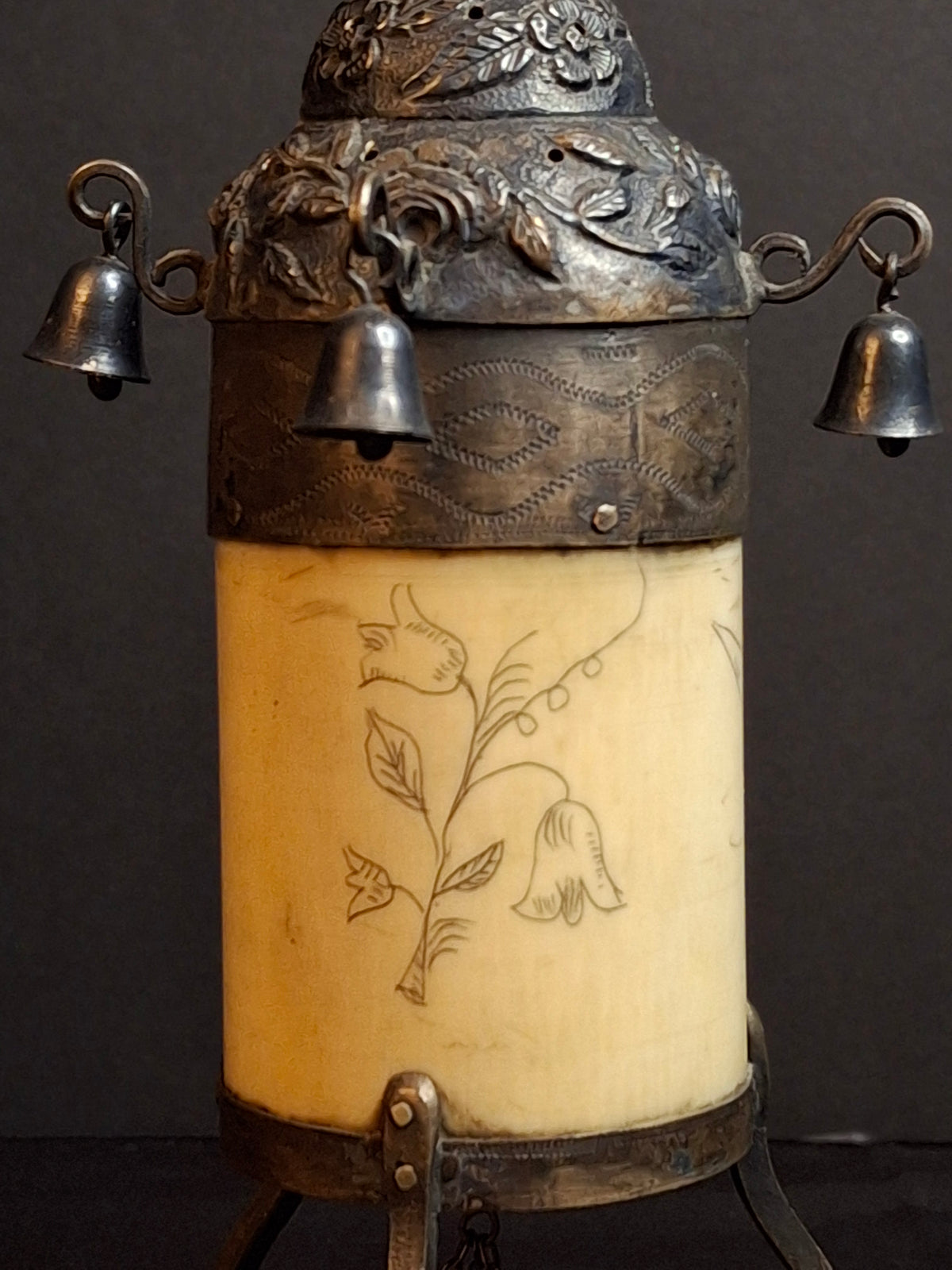Antique 19th Century Judaica Silver and Bone Besamim Spice Tower Havdalah Hebrew Inscription