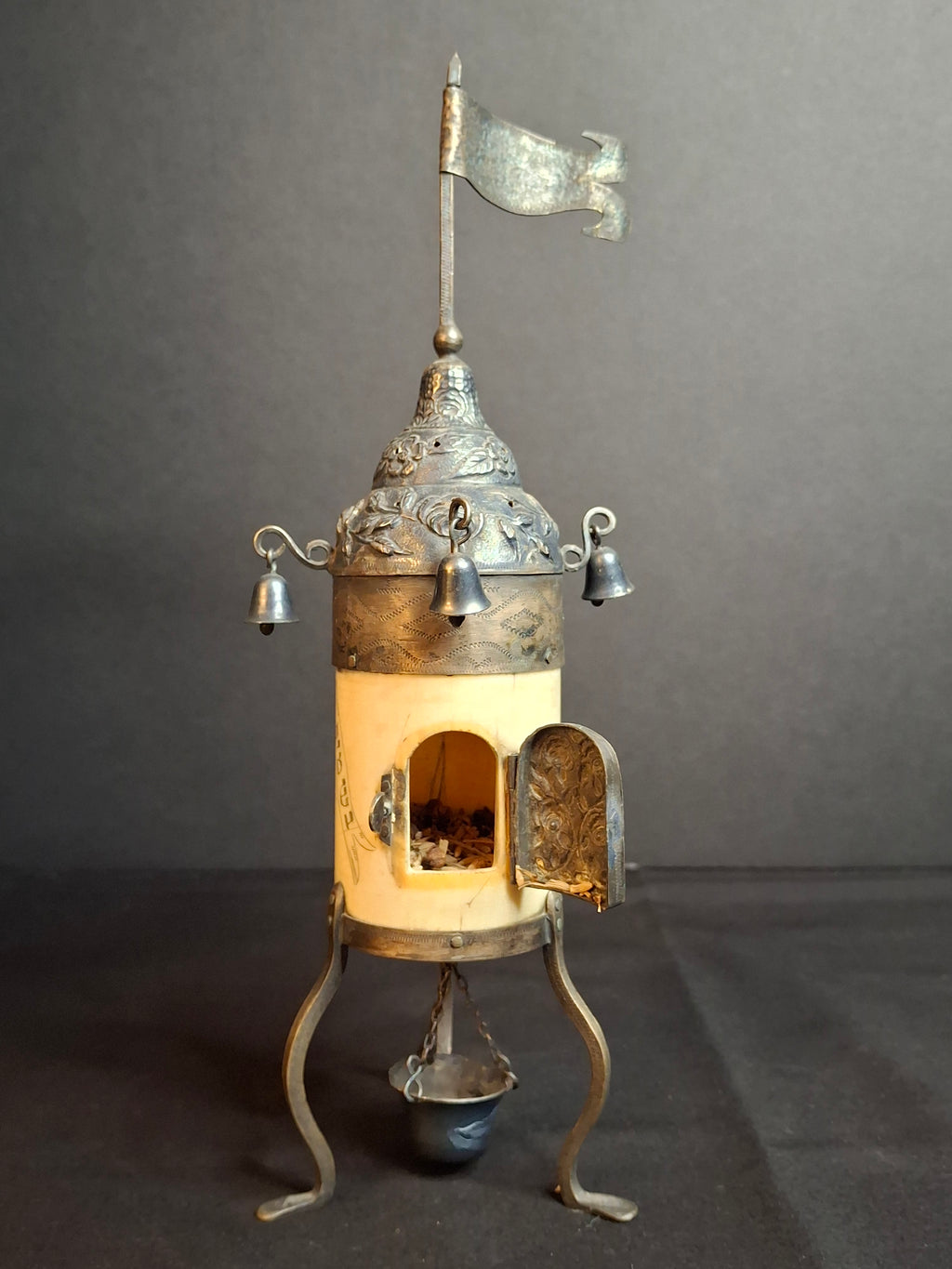 Antique 19th Century Judaica Silver and Bone Besamim Spice Tower Havdalah Hebrew Inscription