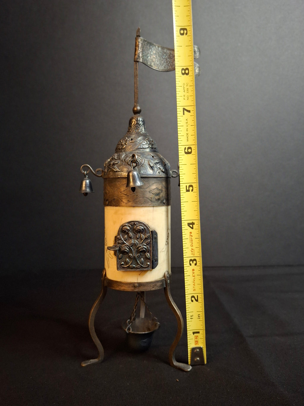 Antique 19th Century Judaica Silver and Bone Besamim Spice Tower Havdalah Hebrew Inscription