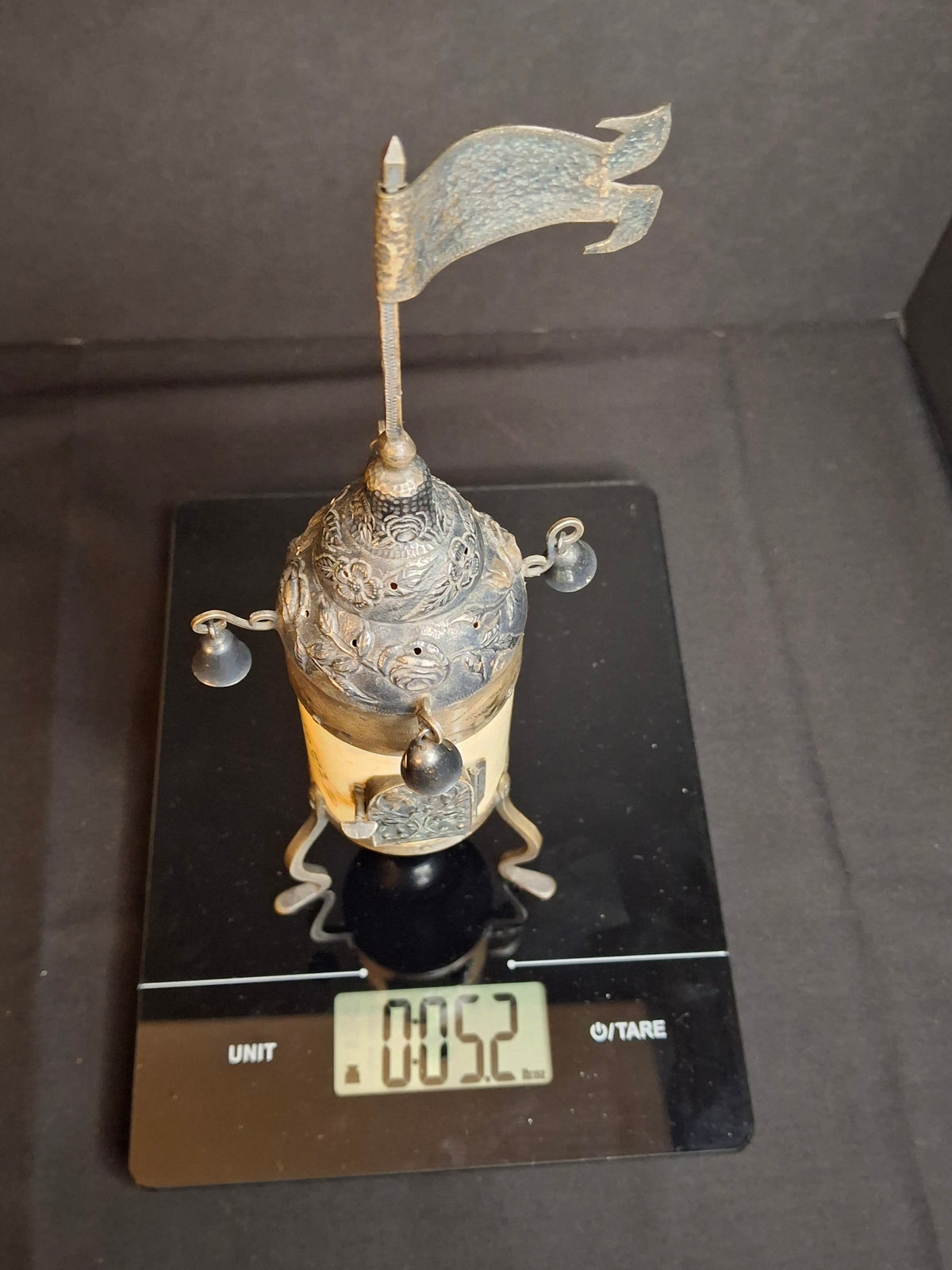 Antique 19th Century Judaica Silver and Bone Besamim Spice Tower Havdalah Hebrew Inscription