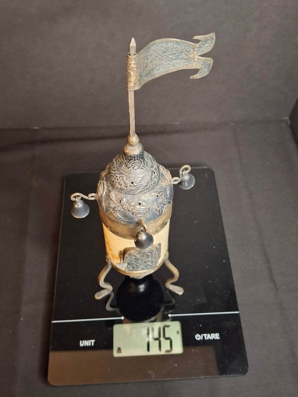 Antique 19th Century Judaica Silver and Bone Besamim Spice Tower Havdalah Hebrew Inscription