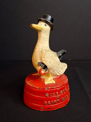 Antique Hubley Cast Iron "Save For A Rainy Day" Duck On Tub Still Coin Bank c. 1930s Original Paint