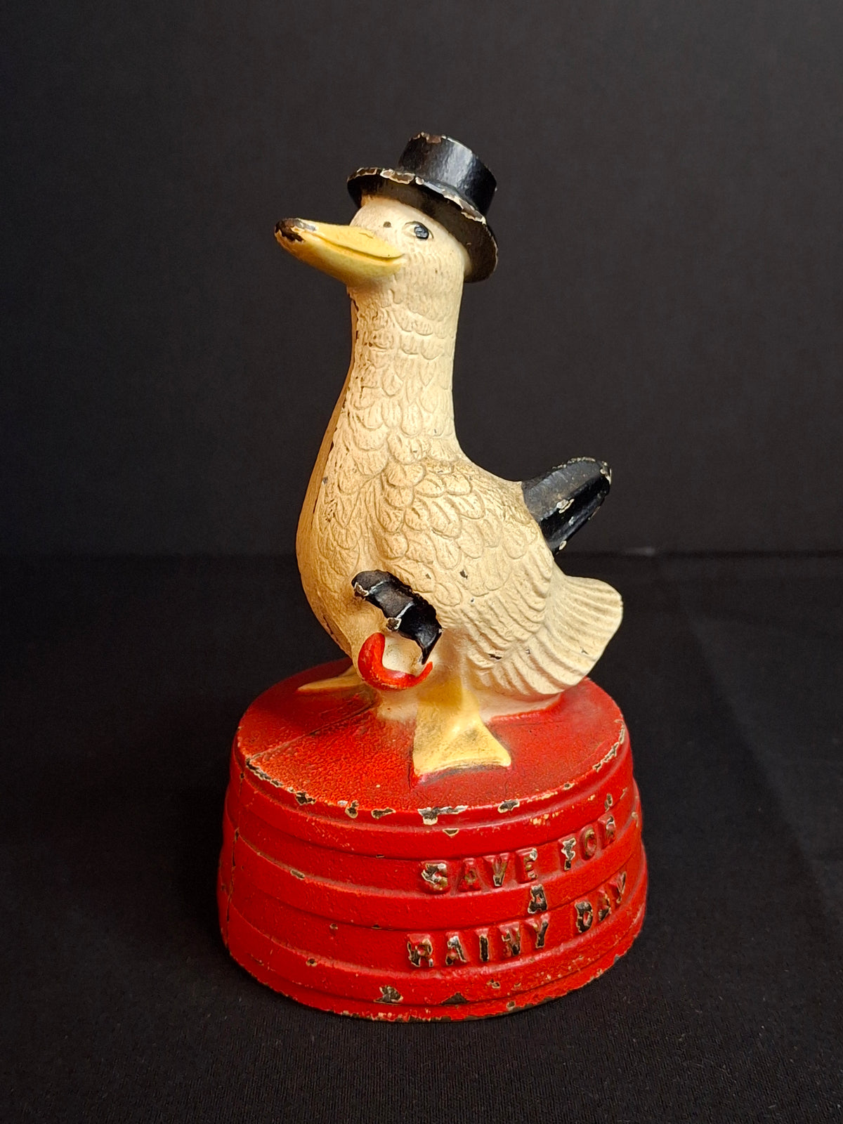 Antique Hubley Cast Iron "Save For A Rainy Day" Duck On Tub Still Coin Bank c. 1930s Original Paint