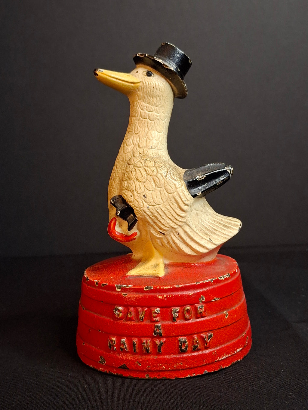 Antique Hubley Cast Iron "Save For A Rainy Day" Duck On Tub Still Coin Bank c. 1930s Original Paint