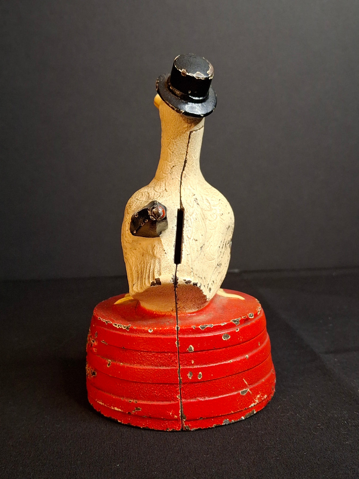 Antique Hubley Cast Iron "Save For A Rainy Day" Duck On Tub Still Coin Bank c. 1930s Original Paint