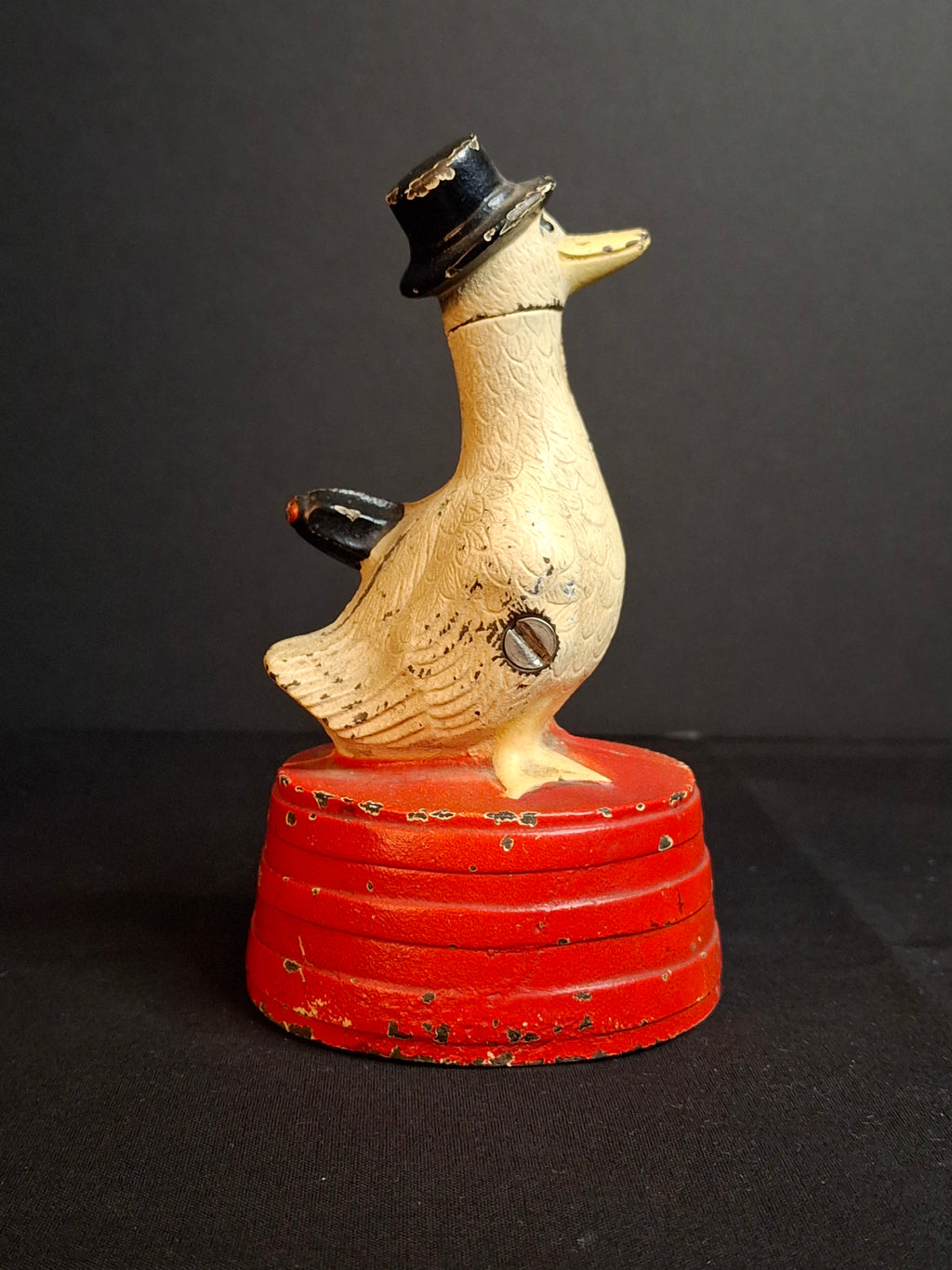Antique Hubley Cast Iron "Save For A Rainy Day" Duck On Tub Still Coin Bank c. 1930s Original Paint