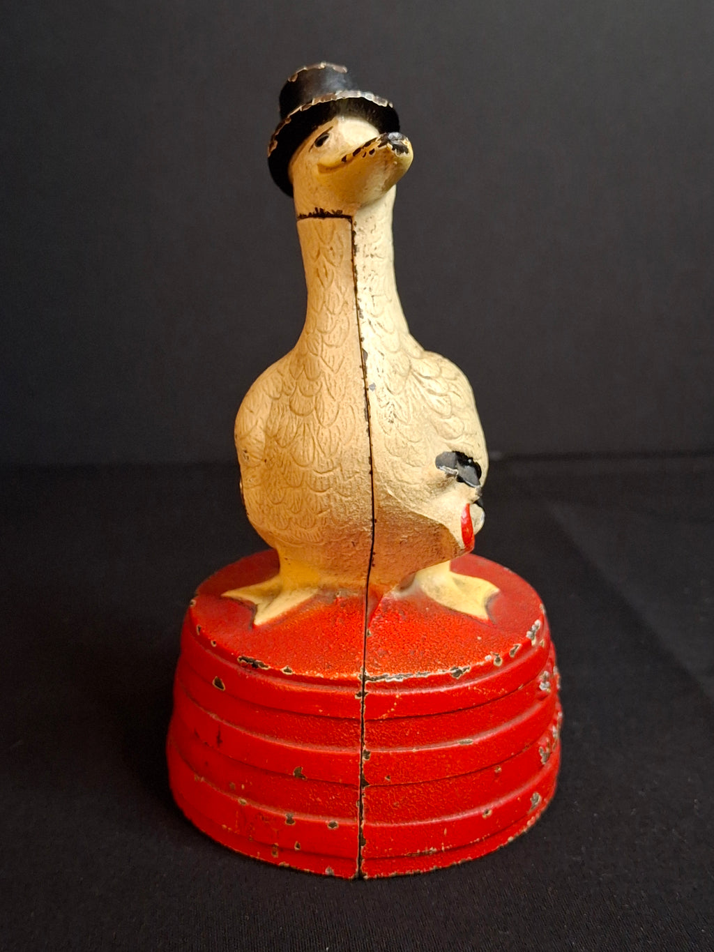Antique Hubley Cast Iron "Save For A Rainy Day" Duck On Tub Still Coin Bank c. 1930s Original Paint