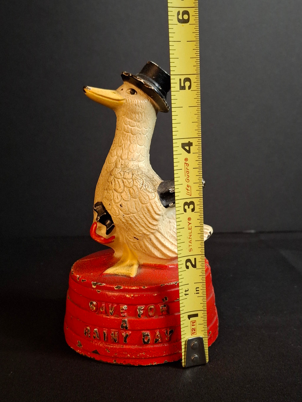 Antique Hubley Cast Iron "Save For A Rainy Day" Duck On Tub Still Coin Bank c. 1930s Original Paint