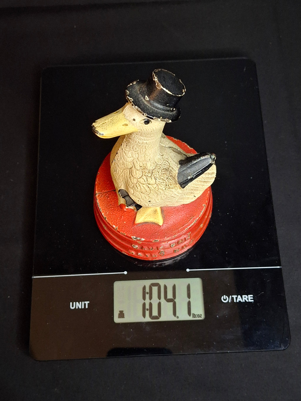 Antique Hubley Cast Iron "Save For A Rainy Day" Duck On Tub Still Coin Bank c. 1930s Original Paint
