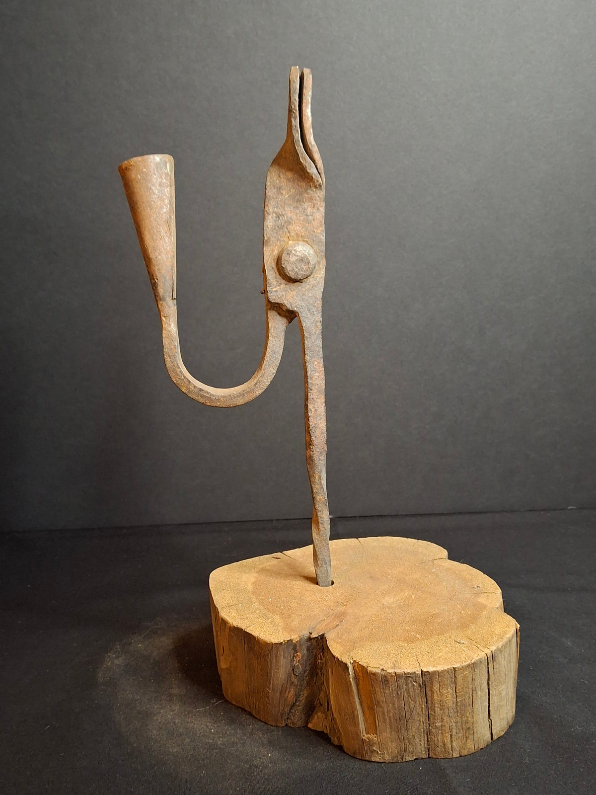 Antique Wrought Iron Rushlight Holder Candle Socket Wood Base Richard Morgan