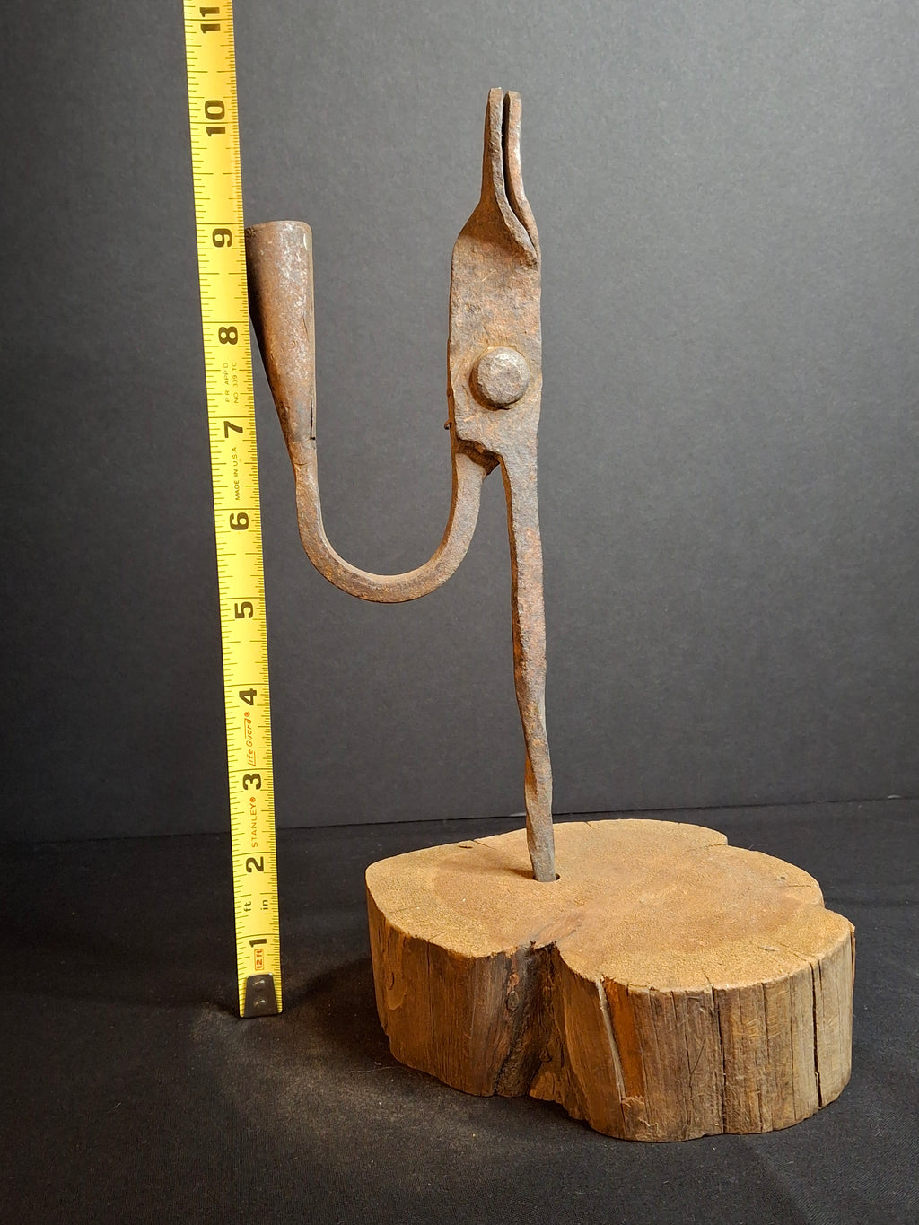 Antique Wrought Iron Rushlight Holder Candle Socket Wood Base Richard Morgan