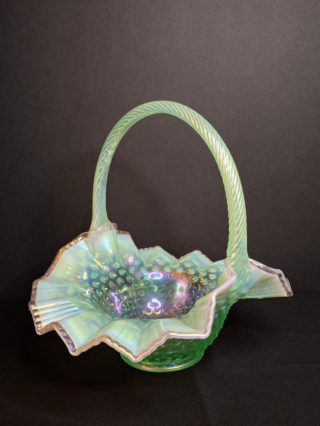 Vintage Fenton Green Opalescent Carnival Hobnail Glass Basket Ruffled Iridescent 10"