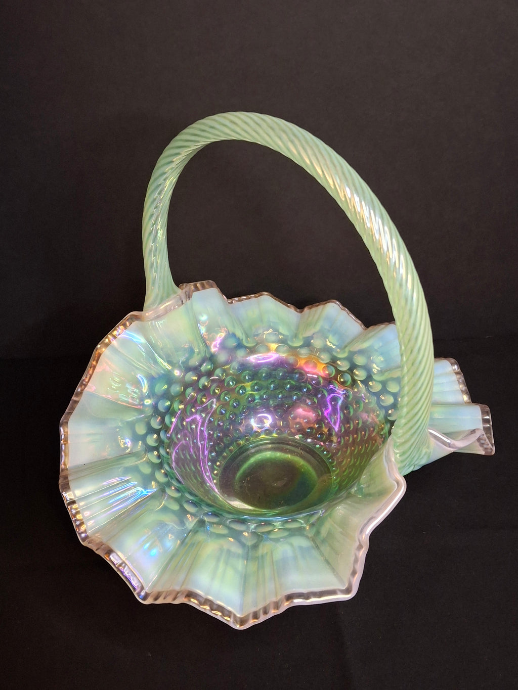 Vintage Fenton Green Opalescent Carnival Hobnail Glass Basket Ruffled Iridescent 10"