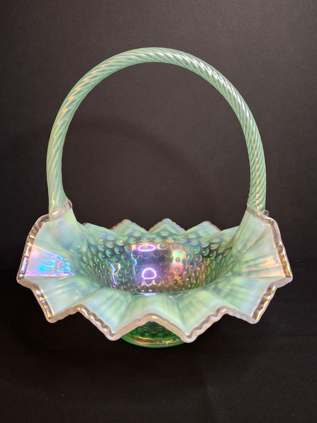 Vintage Fenton Green Opalescent Carnival Hobnail Glass Basket Ruffled Iridescent 10"