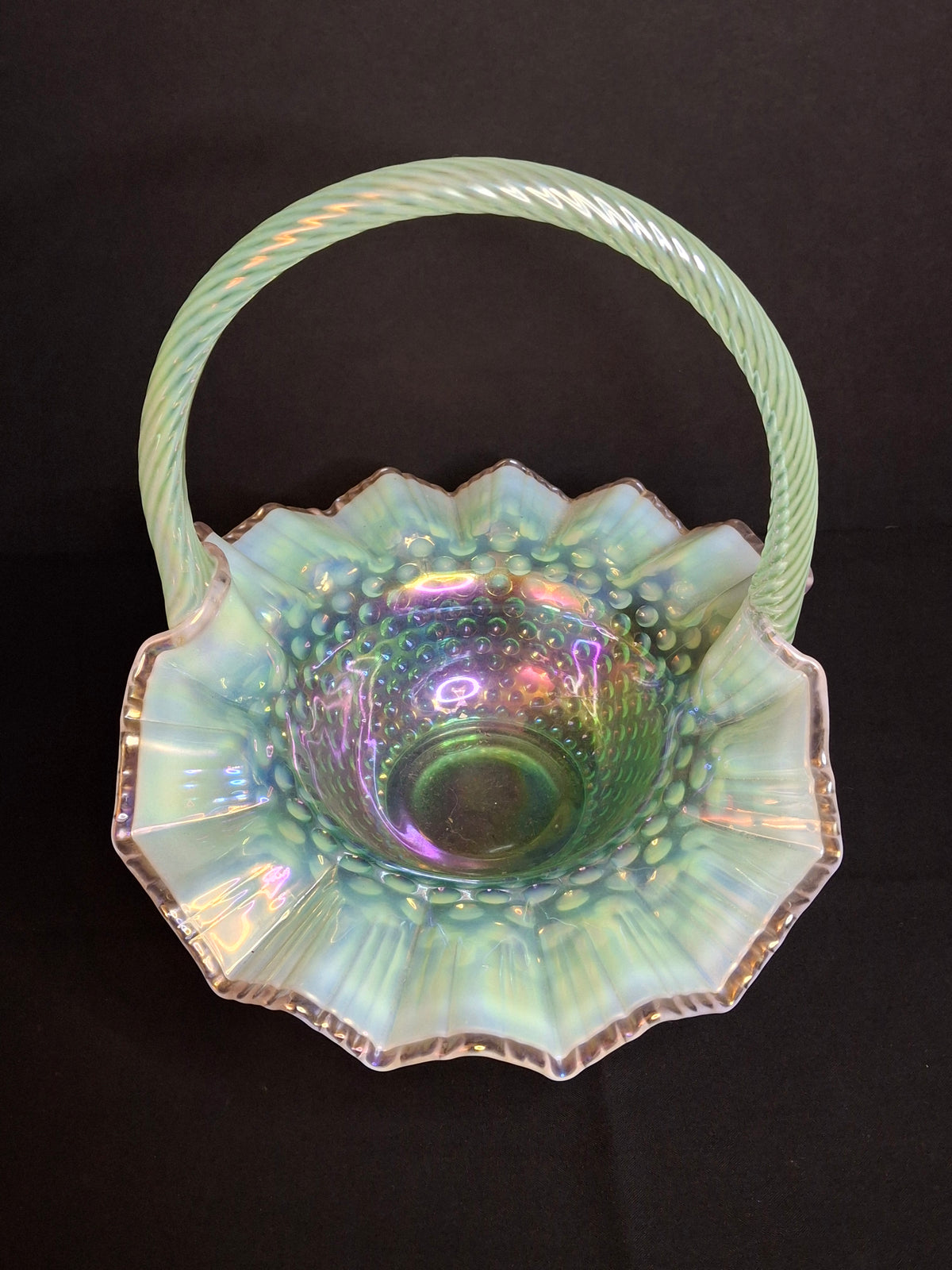 Vintage Fenton Green Opalescent Carnival Hobnail Glass Basket Ruffled Iridescent 10"