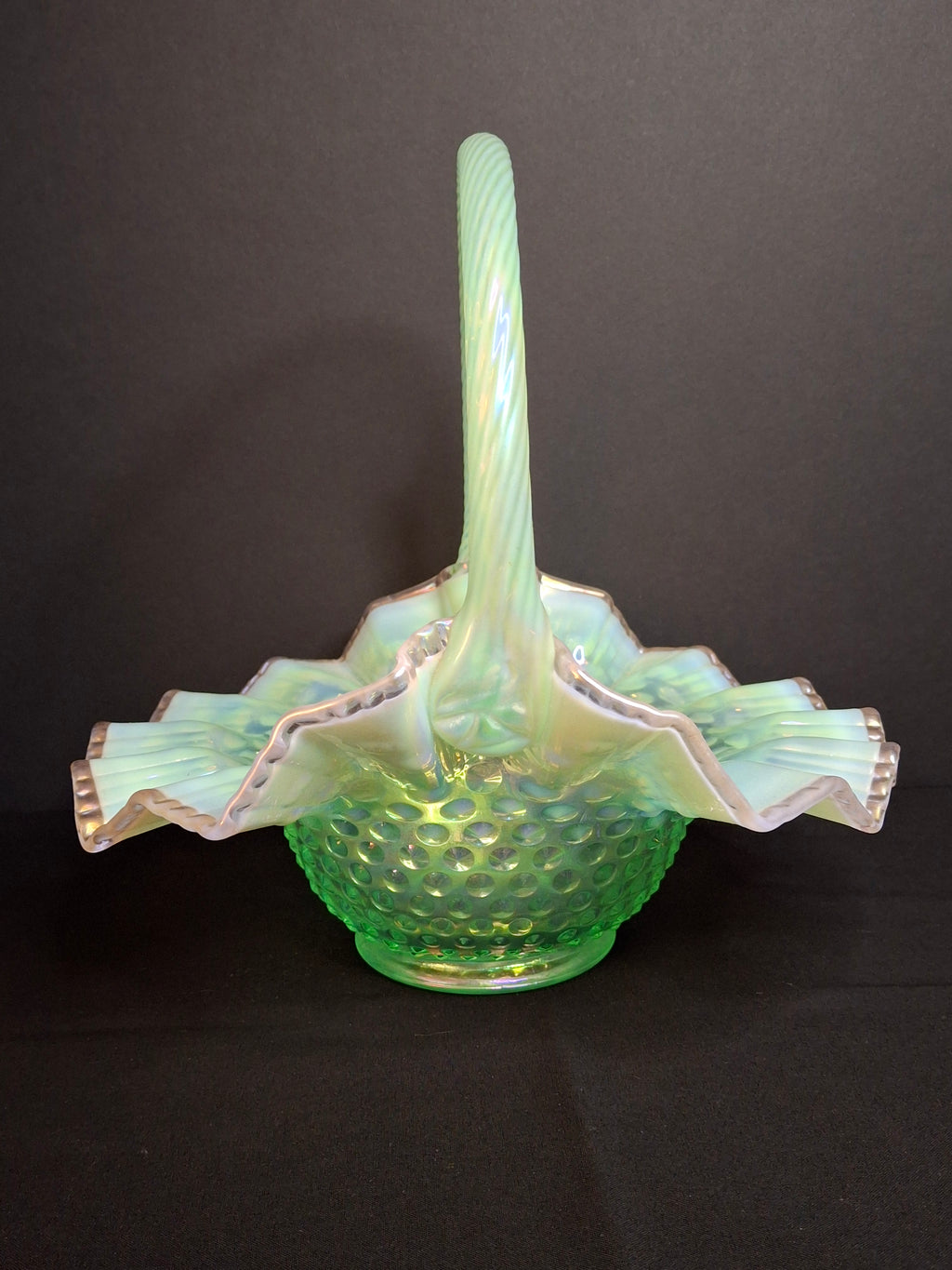 Vintage Fenton Green Opalescent Carnival Hobnail Glass Basket Ruffled Iridescent 10"