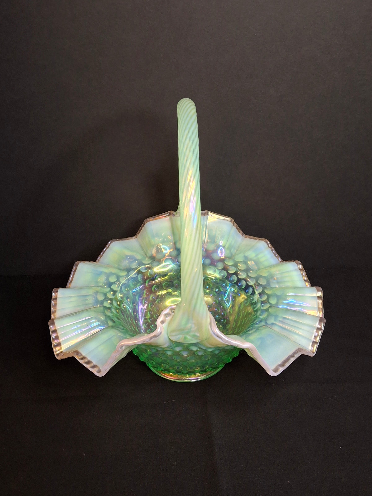 Vintage Fenton Green Opalescent Carnival Hobnail Glass Basket Ruffled Iridescent 10"