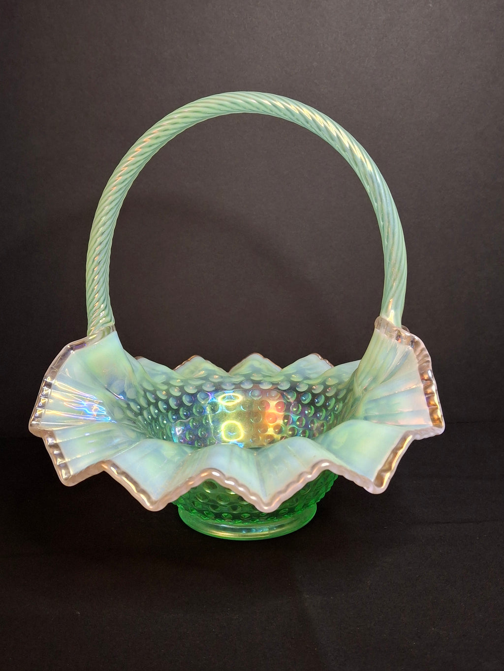 Vintage Fenton Green Opalescent Carnival Hobnail Glass Basket Ruffled Iridescent 10"
