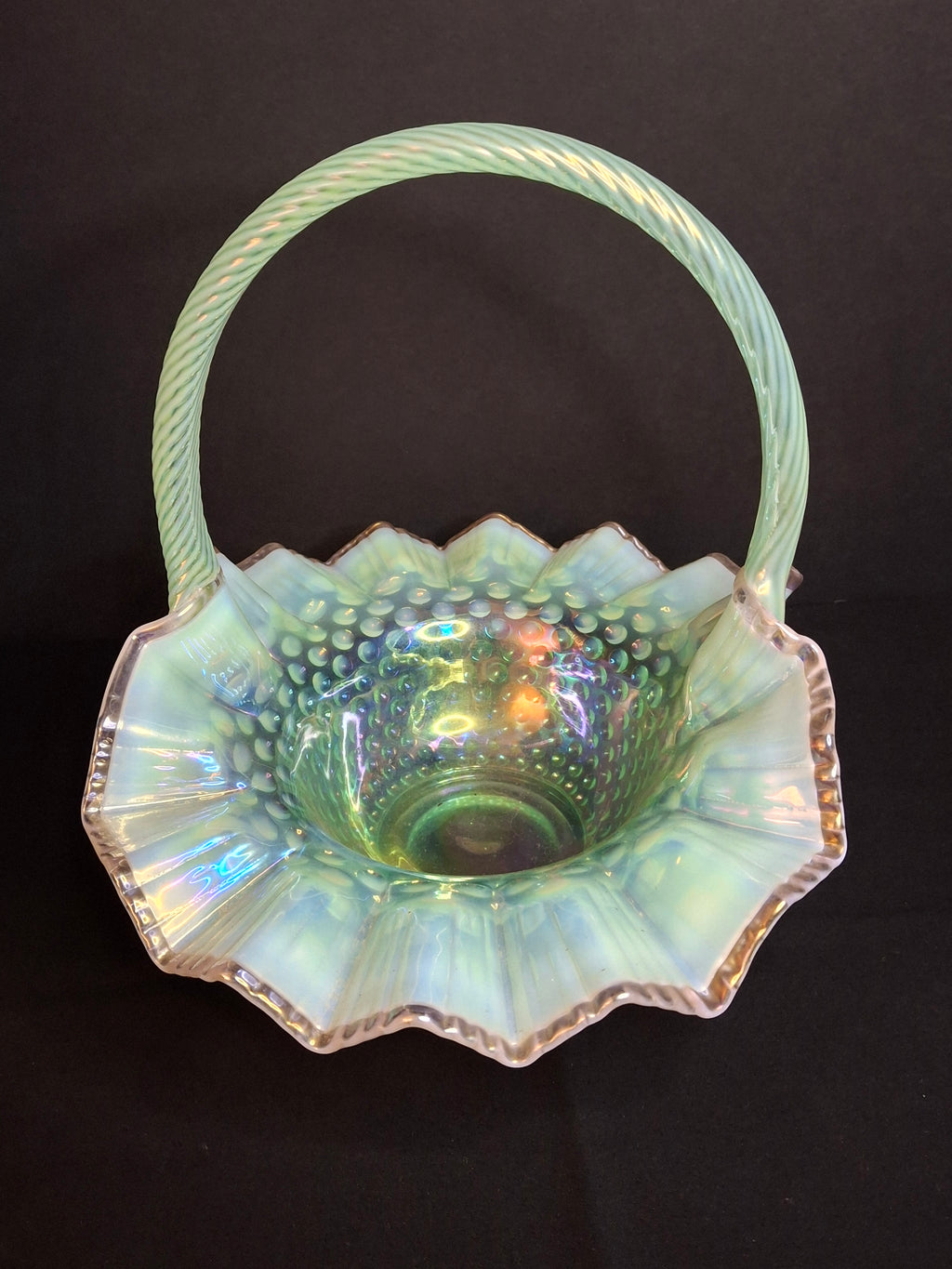 Vintage Fenton Green Opalescent Carnival Hobnail Glass Basket Ruffled Iridescent 10"