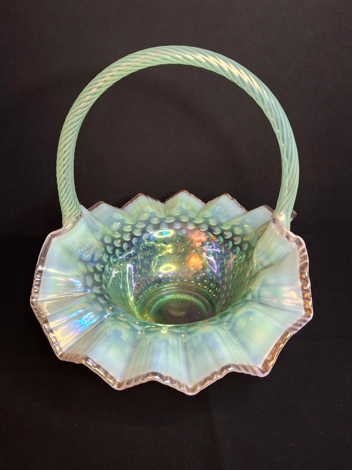 Vintage Fenton Green Opalescent Carnival Hobnail Glass Basket Ruffled Iridescent 10"