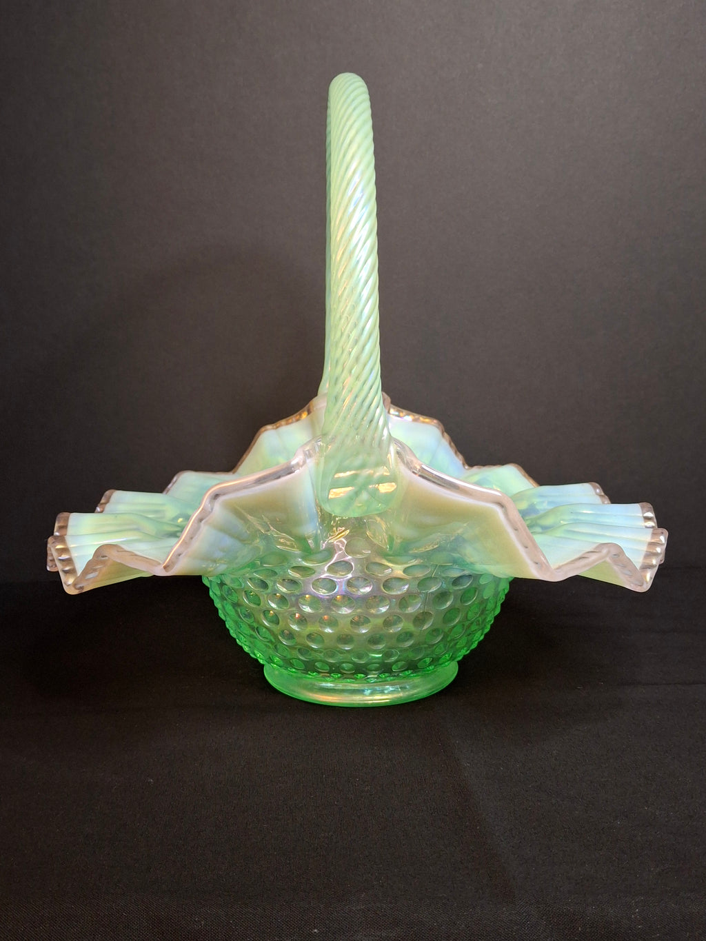 Vintage Fenton Green Opalescent Carnival Hobnail Glass Basket Ruffled Iridescent 10"