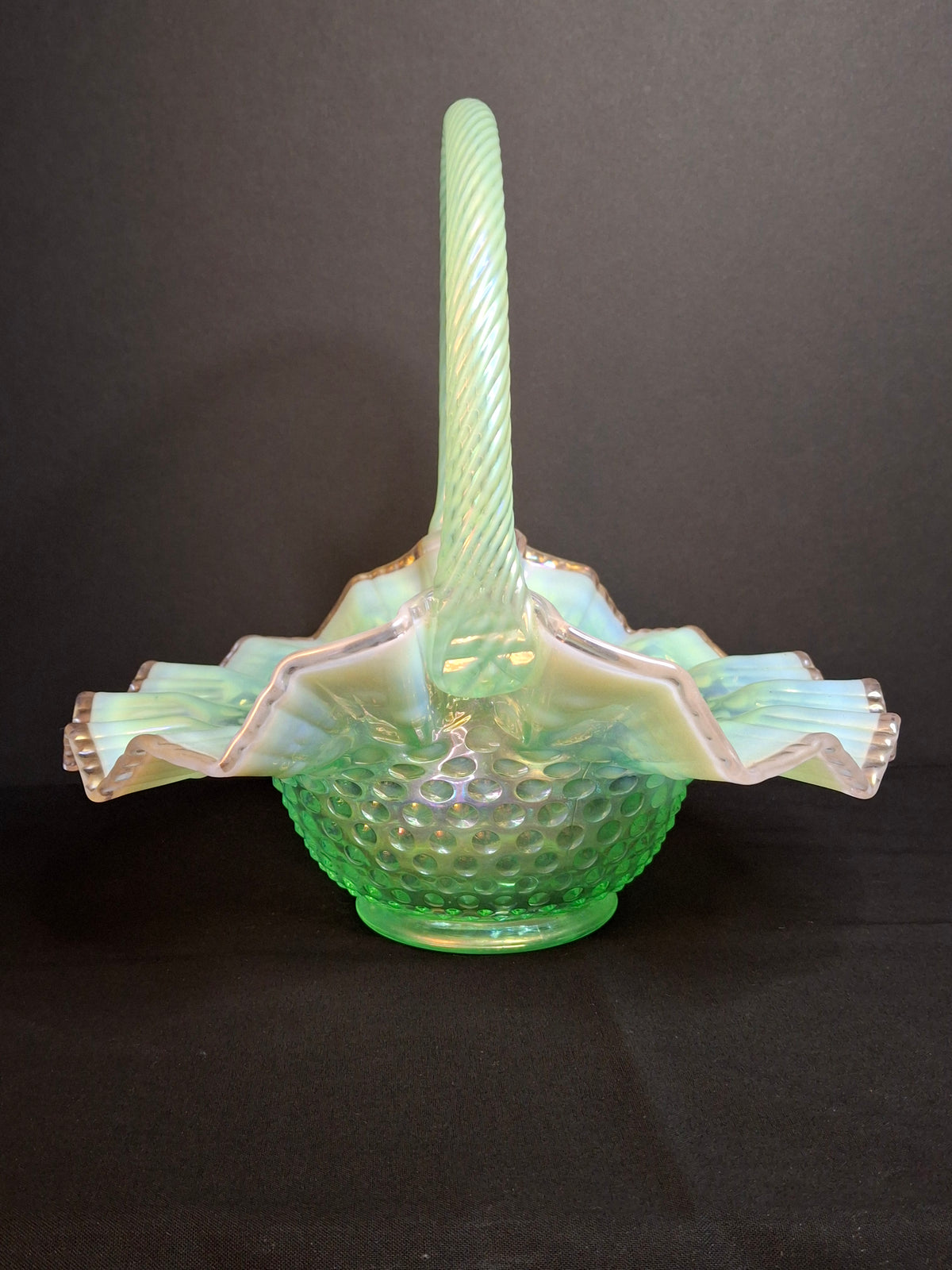 Vintage Fenton Green Opalescent Carnival Hobnail Glass Basket Ruffled Iridescent 10"