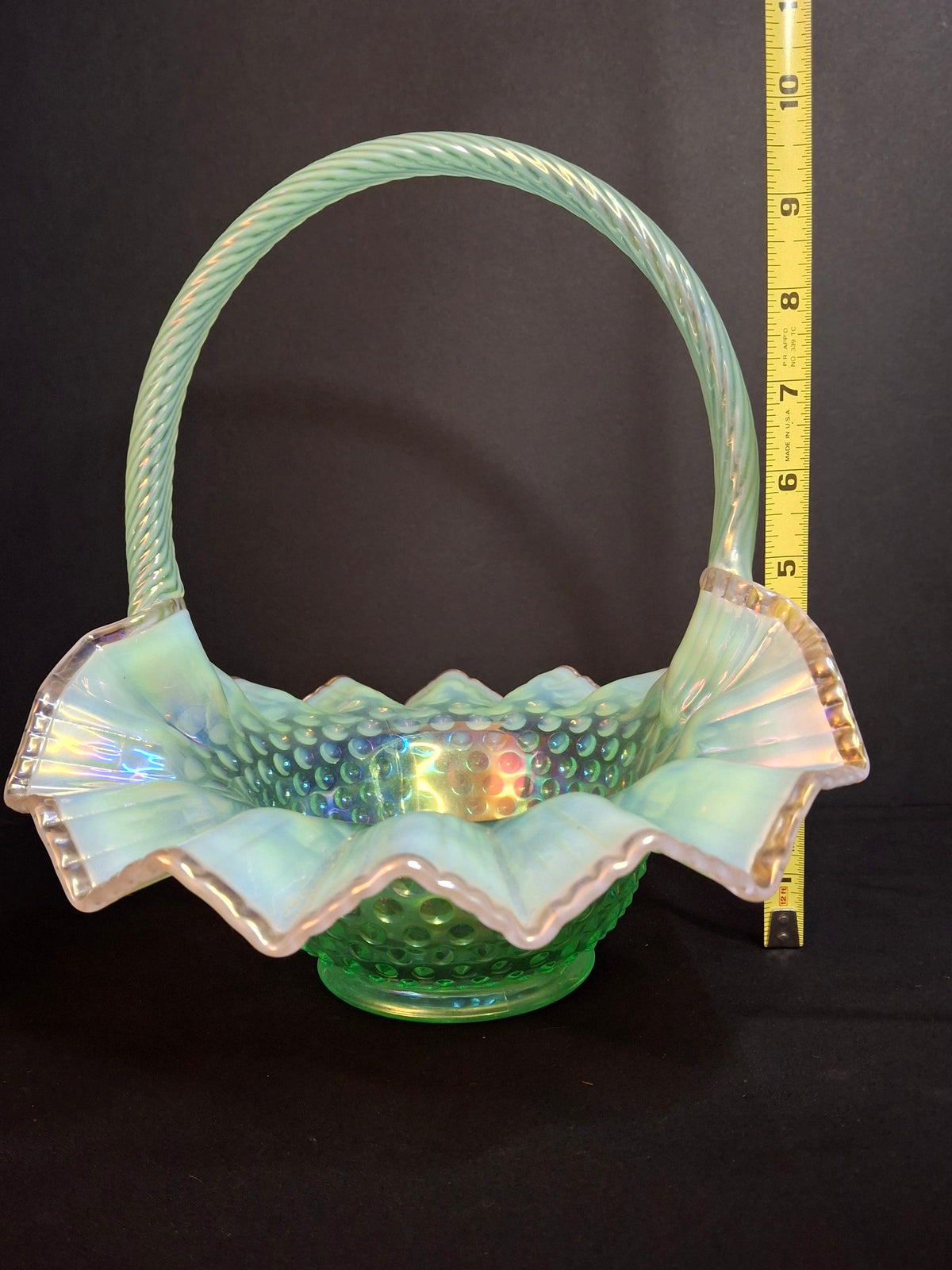 Vintage Fenton Green Opalescent Carnival Hobnail Glass Basket Ruffled Iridescent 10"