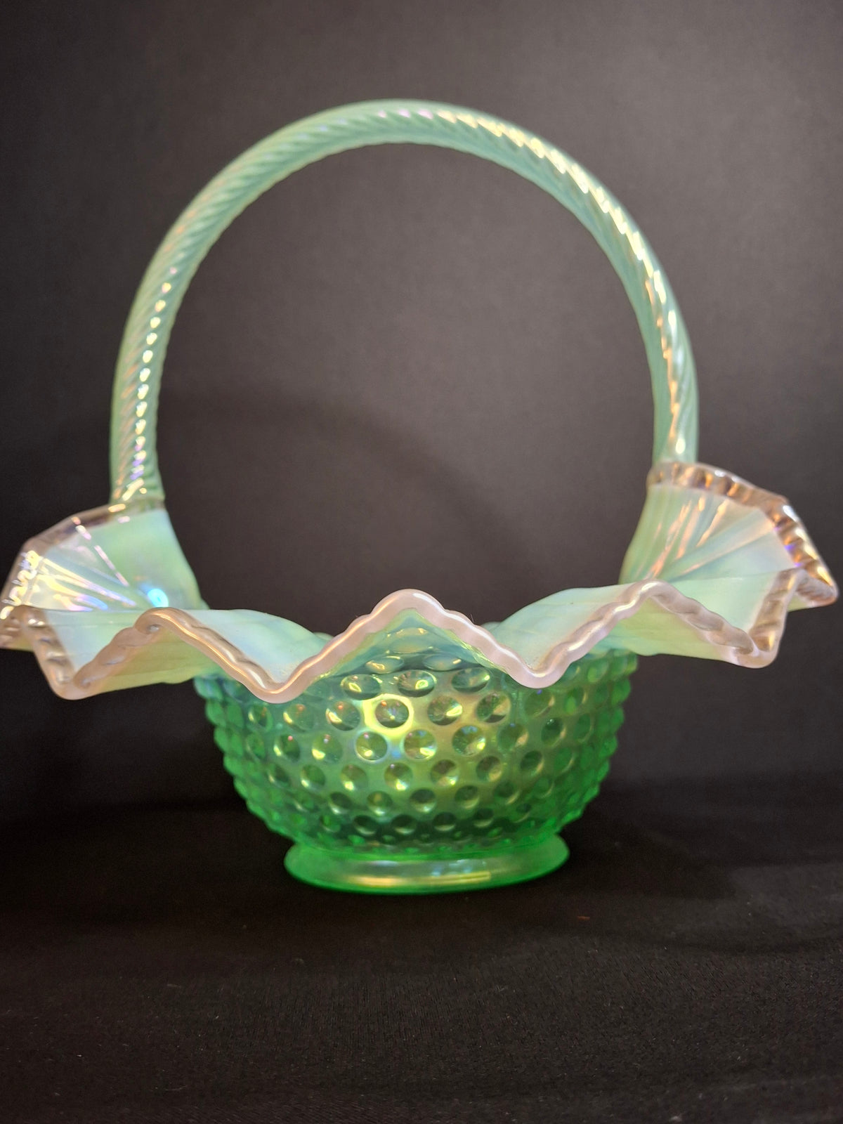 Vintage Fenton Green Opalescent Carnival Hobnail Glass Basket Ruffled Iridescent 10"